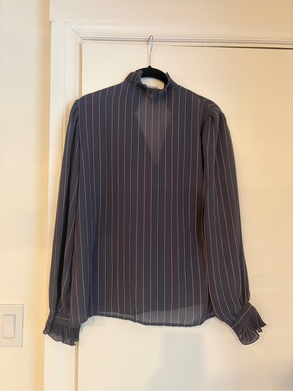 Vintage 70s Ruffle-Trim Navy Pinstripe Blouse - Picture 5 of 12